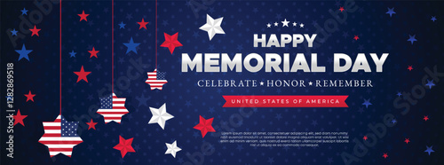 Memorial Day themed banner with red, white, and blue stars and hanging decorations for marketing and advertising campaigns