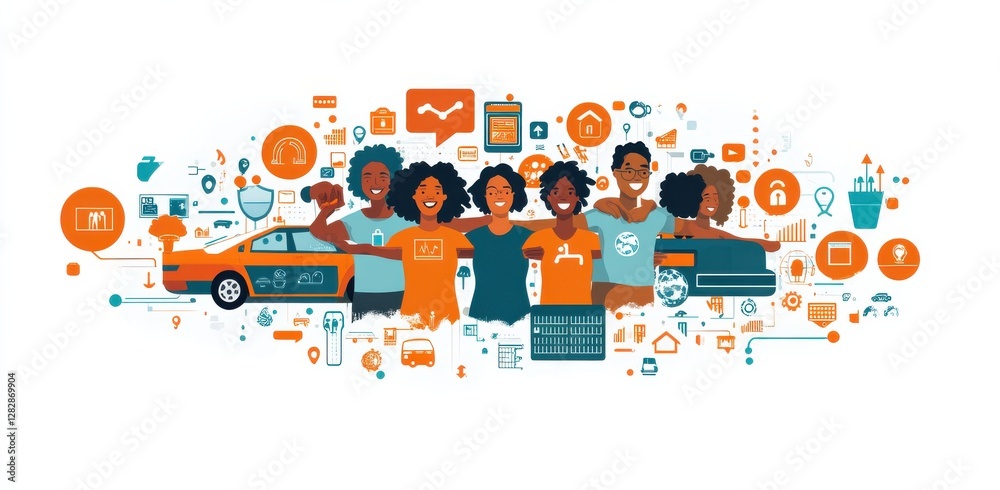 Obraz premium Illustration of community unity with diverse people and modern technology icons