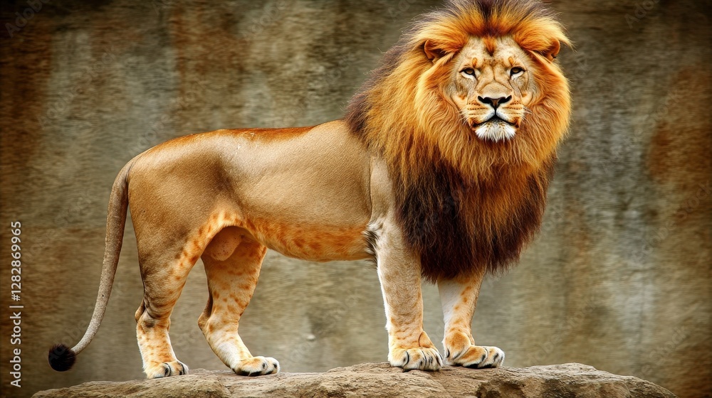 Obraz premium Majestic Lion Stands Proudly on Rock with Beautiful Mane