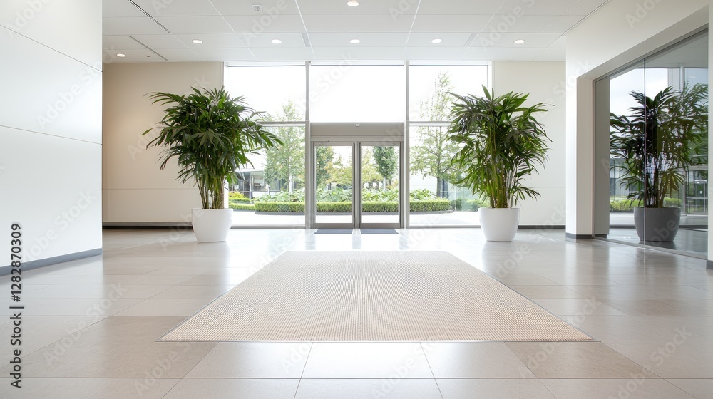 Fototapeta premium Bright modern office lobby features glass entrance doors and potted green plants under natural daylight.
