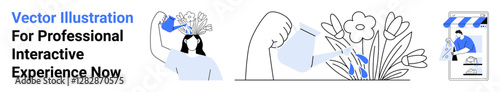 Woman pouring water on flowers, hand holding watering can, and online gardening shop interface. Ideal for sustainability, nature care, gardening, e-commerce, self-care, eco-lifestyle flat landing