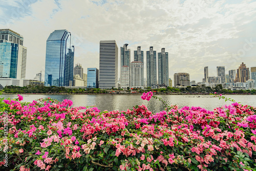 Bangkok skyline cityscape in Benjakitti park photo