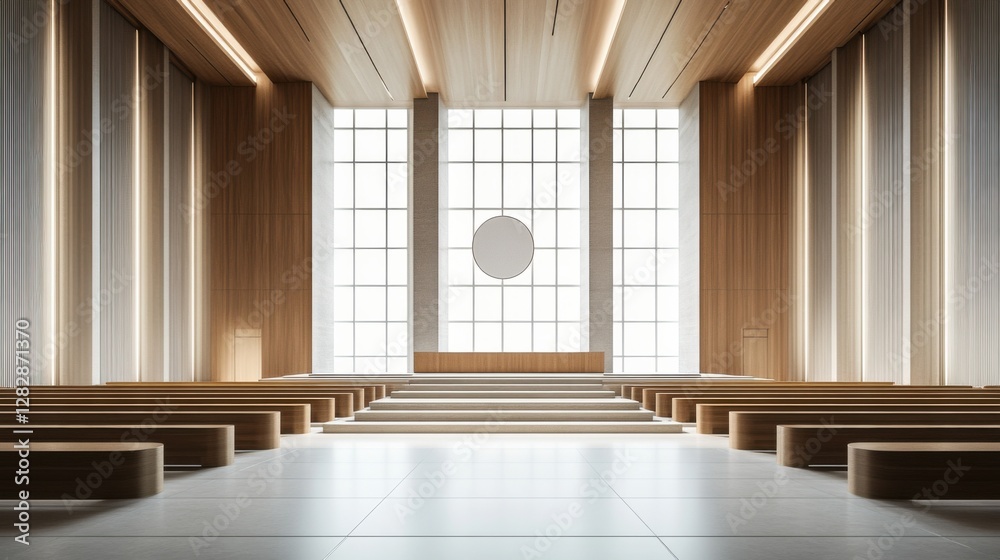 Fototapeta premium A legislative hall with large windows and a minimalist stage. Featuring openness and clarity