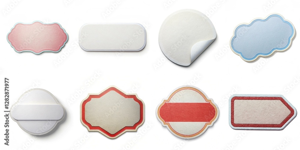A collection of stickers with different shapes and colors. The stickers are arranged in a grid, with some overlapping each other. Scene is playful and creative, as the stickers come in various shapes A collection of stickers with different shapes and colors. The stickers are arranged in a grid, with some overlapping each other. Scene is playful and creative, as the stickers come in various shapes