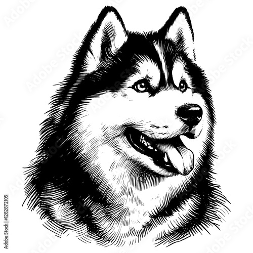 Line art drawing of Siberian Husky dog's ink sketch vector hand drawn illustration background