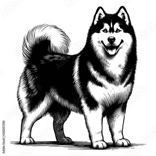 Line art drawing of Siberian Husky dog's ink sketch vector hand drawn illustration background