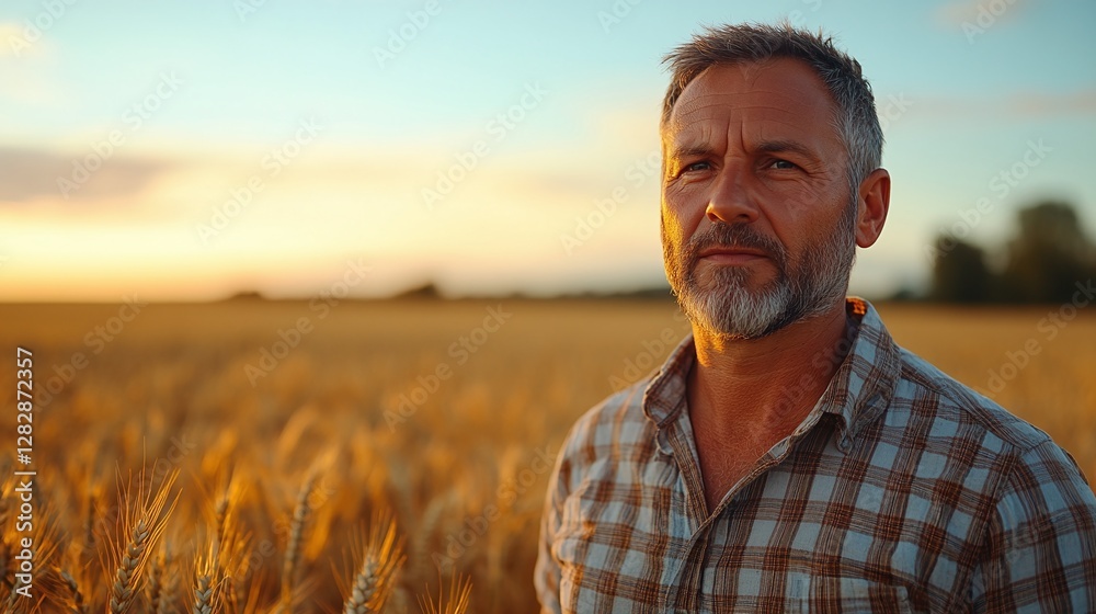 experienced farmer in plaid shirt standing in wheat field with golden crops at sunset agriculture business and farming expertise in rural countryside with scenic landscape experienced farmer in plaid shirt standing in wheat field with golden crops at sunset agriculture business and farming expertise in rural countryside with scenic landscape