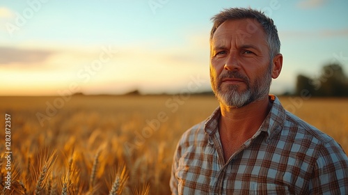 experienced farmer in plaid shirt standing in wheat field with golden crops at sunset agriculture business and farming expertise in rural countryside with scenic landscape