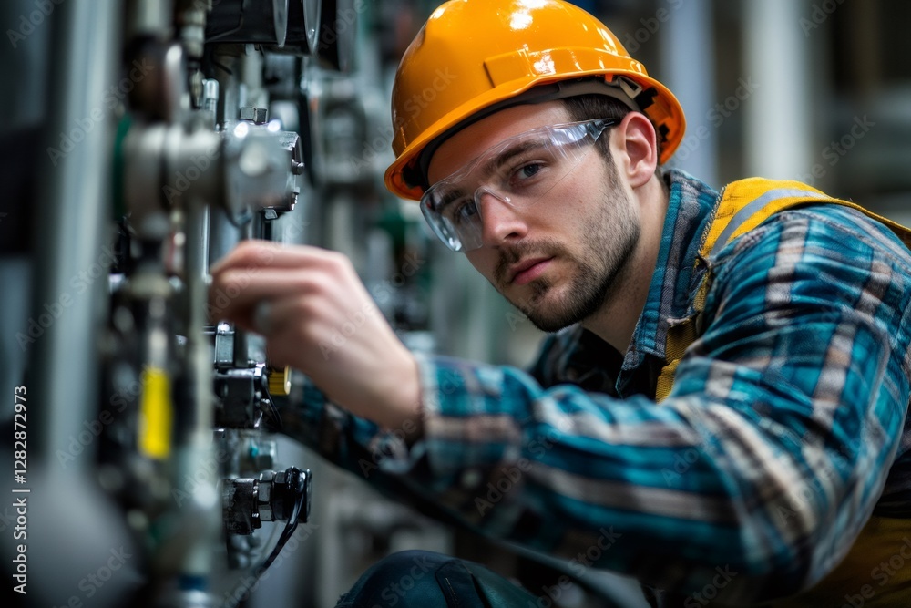 Engineer working on industrial equipment adjusting valves and machinery in factory Engineer working on industrial equipment adjusting valves and machinery in factory