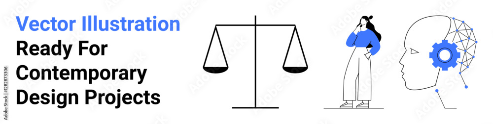 Balance scale, person in thoughtful pose, and head with AI gear integration. Ideal for technology, AI, equality, decision-making, innovation digital transformation modern concepts. Flat landing Balance scale, person in thoughtful pose, and head with AI gear integration. Ideal for technology, AI, equality, decision-making, innovation digital transformation modern concepts. Flat landing
