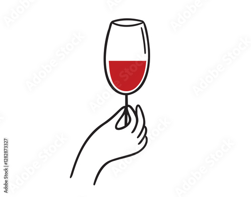 Female hand holding glass of red wine doodle hand drawn icon. Outline drawing hand holding wine glass line clipart symbol