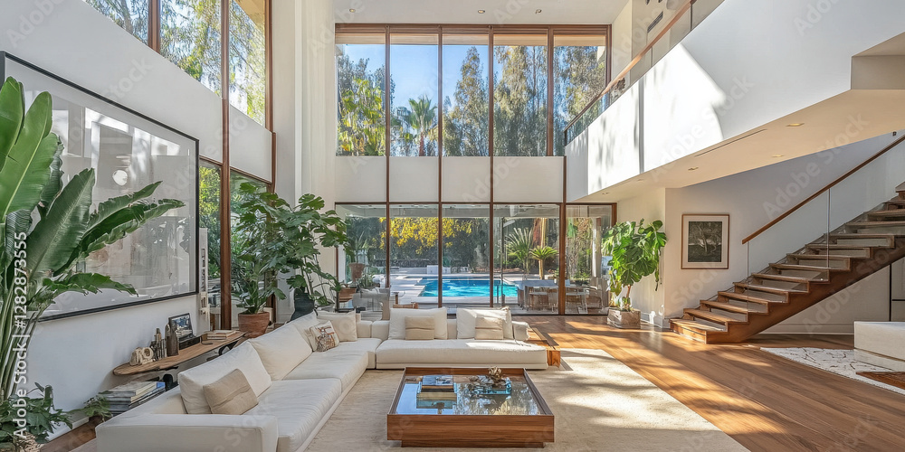 Fototapeta premium Luxury Living Room Interior with Pool View: a lavishly designed living room, basking in natural light, offering expansive views of a serene pool and lush greenery through floor-to-ceiling windows.
