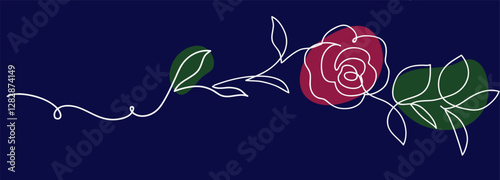 Abstract decorative horizontal border element with red rose and leaf. Beautiful blossoming hand drawn flower on dark blue background. Line art for frame design. Vector stock illustration