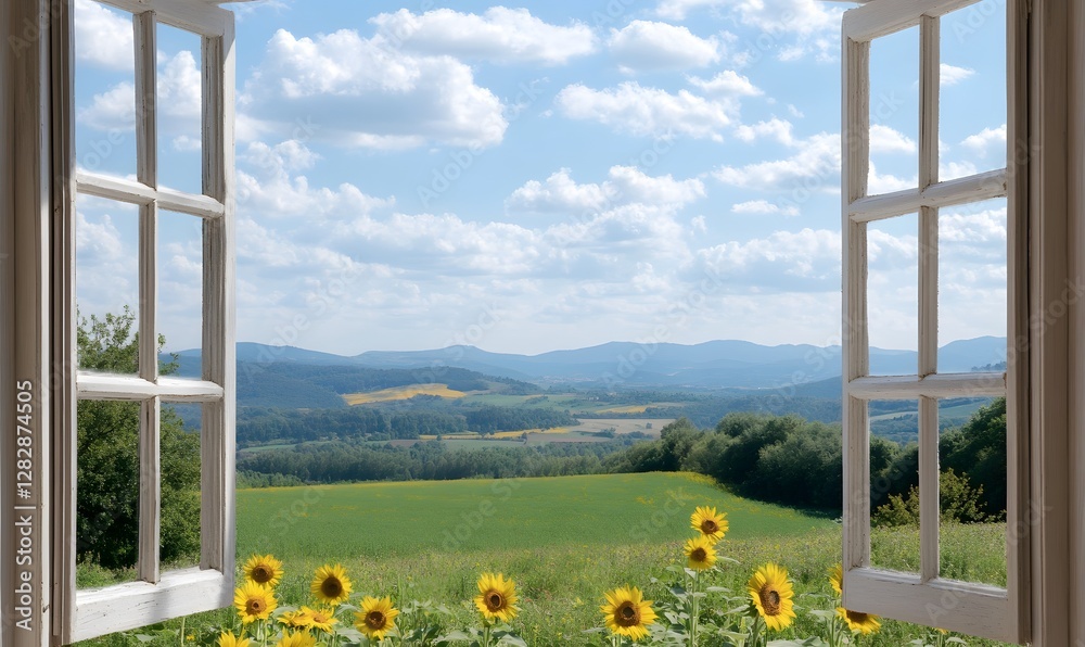 Fototapeta premium Window with a view of sunflower fields, Generative AI