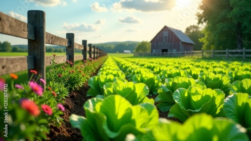 Rural farmland scenery with vibrant green lettuce crops flourishing in a sunlit field, bordered by a rustic wooden fence and colorful wildflowers.