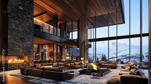 A modern interior of a luxury residence with a fireplace and view