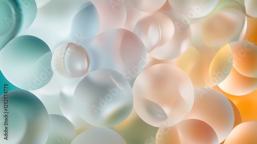 Abstract close-up of translucent colored spheres, soft lighting, bokeh effect
