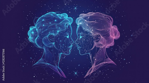Abstract close-up of two women's faces, starry night background, connection concept