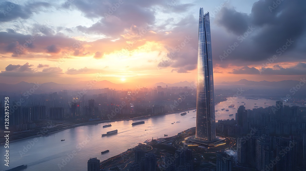 Naklejka premium Ultra Modern Skyscraper Futuristic City Landmark high resolution hd wallpaper