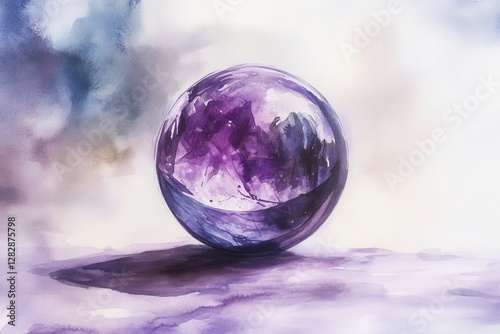 Elegant purple crystal orb watercolor illustration for mystical decoration and energy healing lovers, ideal for spiritual displays and enchanting visual projects