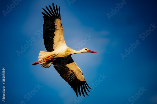 Ein fliegender Storch auf Futtersuche photo