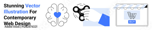 Brain with heart symbol, a hand using a fidget spinner, and a digital storefront with a shopping cart. Ideal for creativity, innovation, technology, e-commerce, mental health, productivity modern