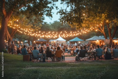 Fototapeta Naklejka Na Ścianę i Meble -  People enjoying open air festival with string lights at dusk