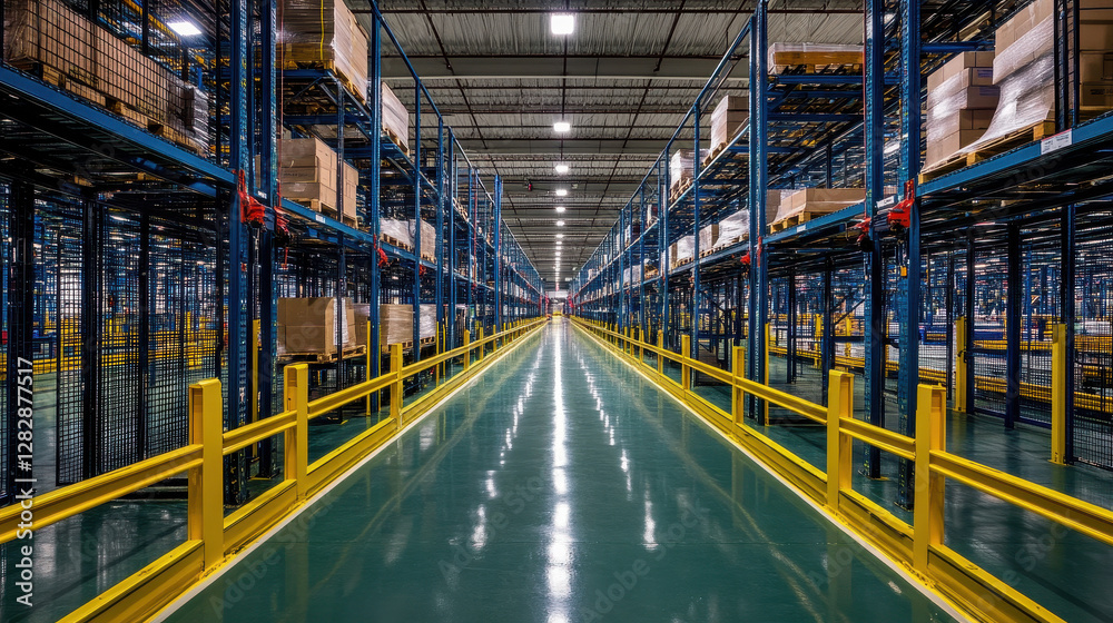 Warehouse aisle: A perspective shot showcasing rows of shelves stocked with products in an organized warehouse or distribution center. Warehouse aisle: A perspective shot showcasing rows of shelves stocked with products in an organized warehouse or distribution center.
