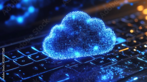 Abstract cloud icon on laptop keyboard, digital particles, glowing effect