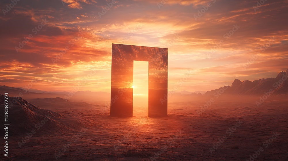 Mysterious gateway at sunset in a desert landscape. Mysterious gateway at sunset in a desert landscape.