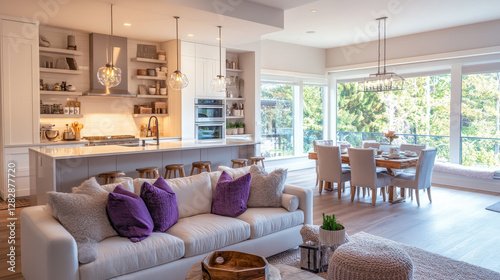 Bright Interior: An open-plan living space is meticulously styled and exudes an inviting atmosphere. Soft, neutral tones blend harmoniously with modern design.