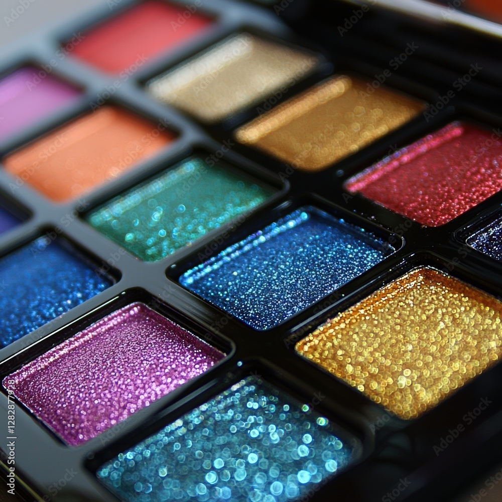 A vibrant eyeshadow palette with shimmering and matte shades. A vibrant eyeshadow palette with shimmering and matte shades.