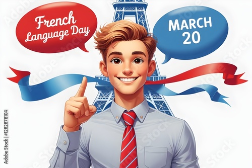 A vibrant and surreal cinematic illustration celebrating French Language Day, featuring a cheerful young man with expressive brown eyes, short light brown hair, and a bright smile. 