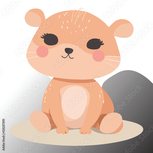 Ute cartoon fox, smiling face, closed eyes, big ears, orange fur, stylized texture, simple background, minimalist design