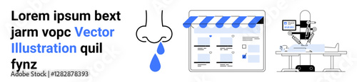Website interface layout with a storefront awning, a robot performing surgery on a table, and a drooping nose with liquid drops. Ideal for medical tech, web design, healthcare solutions, technology
