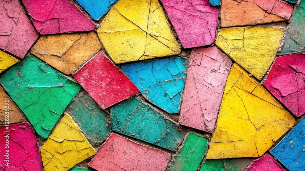 Fototapeta premium Colorful Cracked Wooden Mosaic Wall Texture