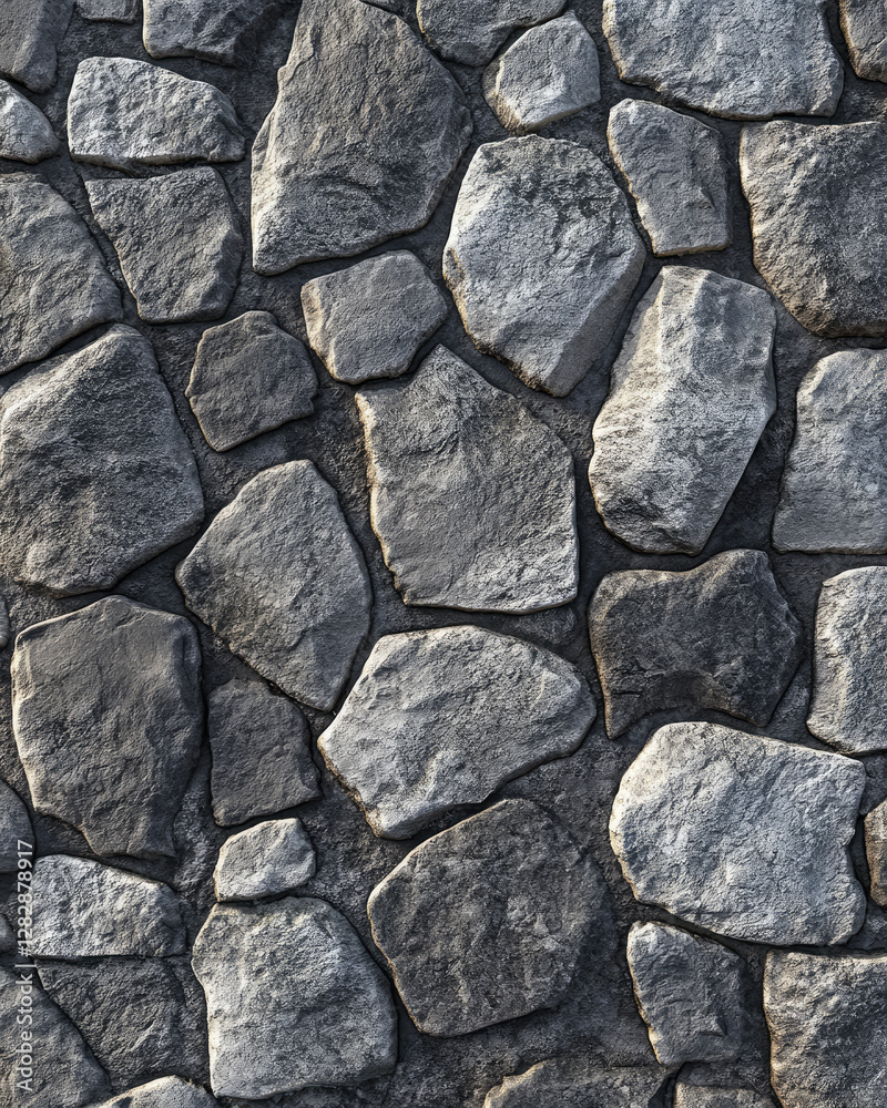 Tileable cobblestone road texture with irregularly shaped rocks in varying shades of gray. The realistic stone pattern creates a rugged and durable surface for design projects and 3D environments. Tileable cobblestone road texture with irregularly shaped rocks in varying shades of gray. The realistic stone pattern creates a rugged and durable surface for design projects and 3D environments.