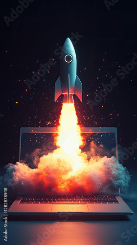 Vibrant 3D-rendered illustration of a laptop with a rocket blasting off from the keyboard, representing powerful business growth, marketing innovation, and dynamic entrepreneurial ventures. 