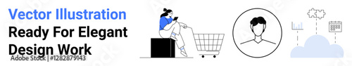 Woman seated with phone and cart, avatar portrait, cloud with data transfer elements. Ideal for e-commerce, cloud computing, technology, user profile setup, digital communication, business flat