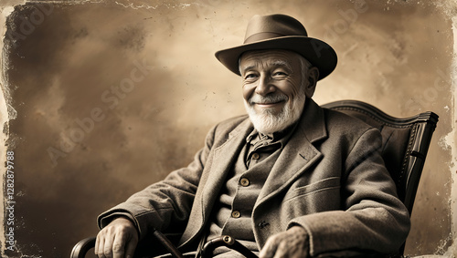 Wise Old Man Wearing a Classic Hat and Holding a Cane While Sitting Comfortably