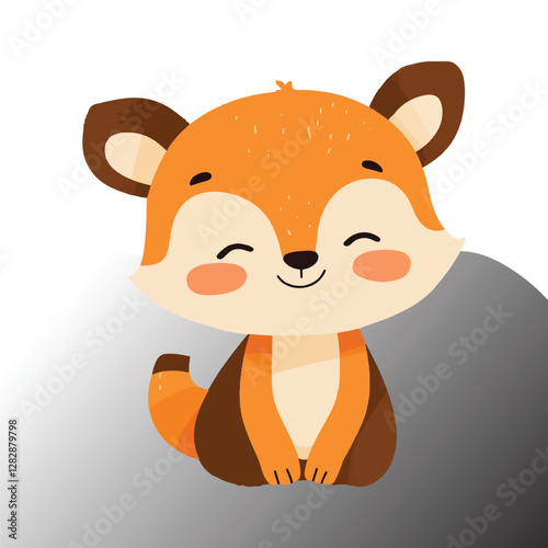 Ute cartoon fox, smiling face, closed eyes, big ears, orange fur, stylized texture, simple background, minimalist design, children's illustration,