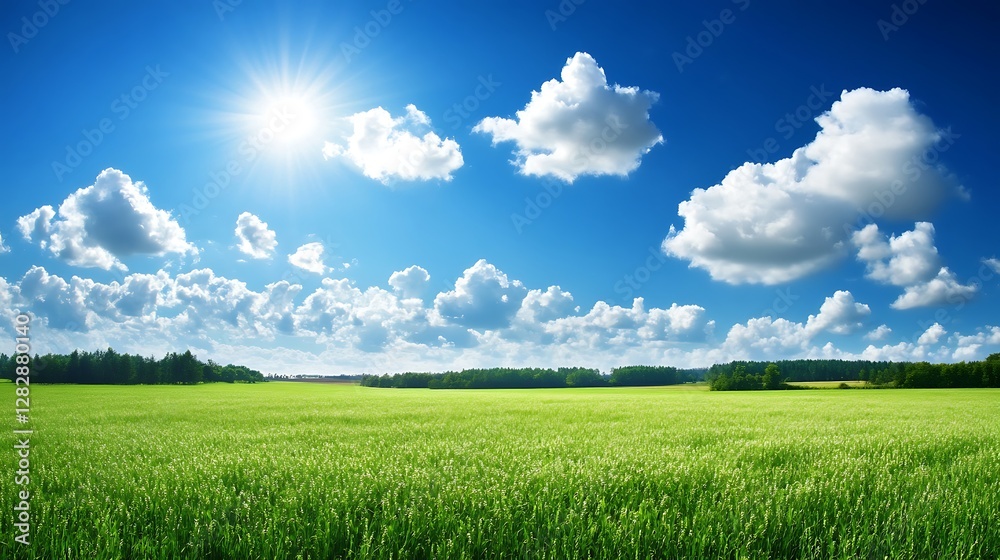 Obraz premium Sunny Field Under Blue Sky Filled With White Clouds