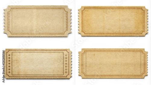 Four tickets with a white background. The tickets are old and have a vintage feel. The tickets are rectangular in shape and have a brown color