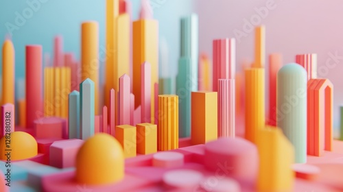 Abstract colorful city skyline, vibrant geometric shapes, pastel background, digital art, 3D rendering, concept illustration