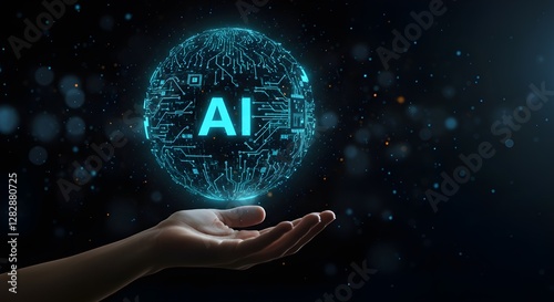 Mano sosteniendo una esfera de IA brillante que simboliza el poder y el potencial de la inteligencia artificial.
