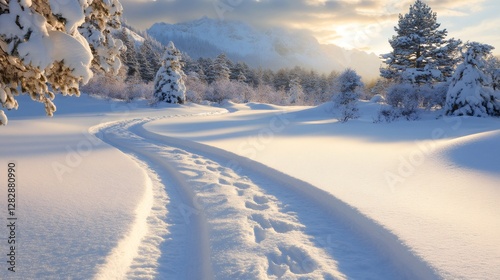 Winding snow covered path leading into snowy mountain valley at sunset