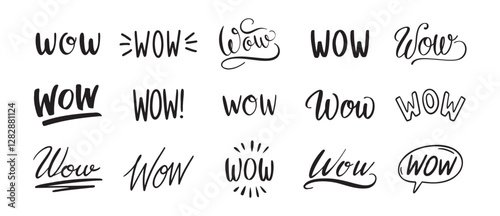 word WOW hand drawn lettering phrase or quote set. wow modern freehand style isolated on white background for print clipart.