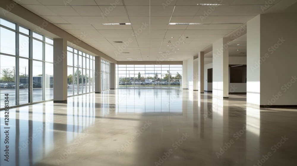 Empty dealership with modern minimalist interior design. Featuring sleek decor and spacious layout Empty dealership with modern minimalist interior design. Featuring sleek decor and spacious layout