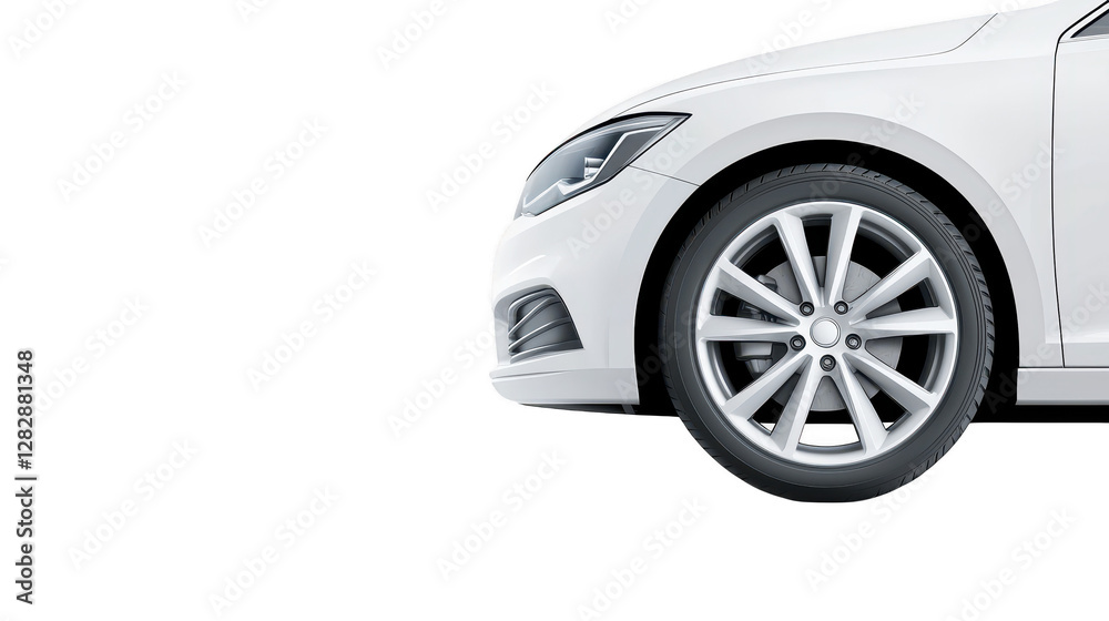 Sleek white car, a front view perspective showcasing modern automotive design Sleek white car, a front view perspective showcasing modern automotive design