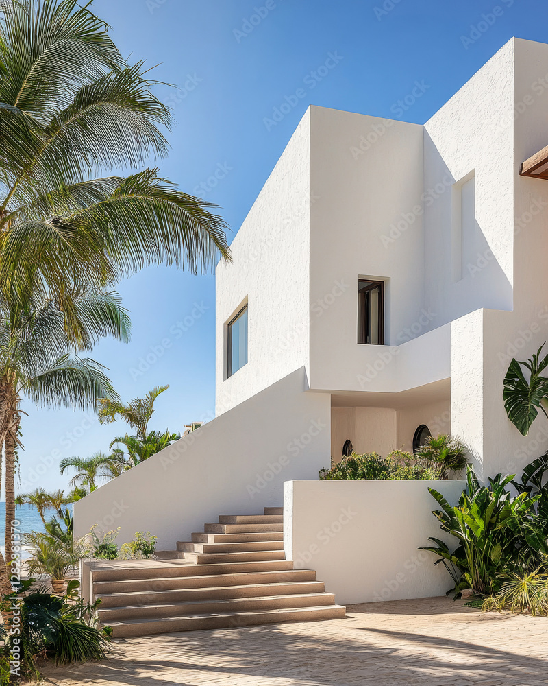 Modern coastal architecture with palm trees and ocean view in bright sunny weather